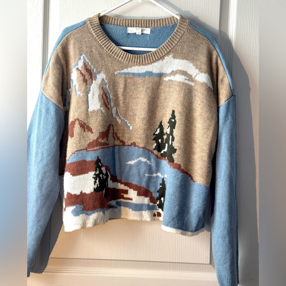 Madden NYC Woman's Cropped Sweater Mountain Scene Blue Tan Long Sleeve Crew
